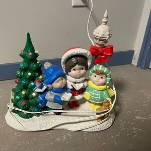 Vintage Christmas carolers with light up ceramic tree, 80s Christmas decor.
